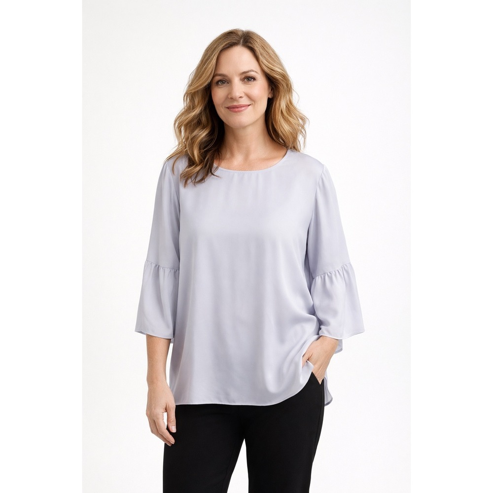 Eileen Fisher Georgette Silk Bell Sleeve Blouse Size Large Light Gray Minimalist